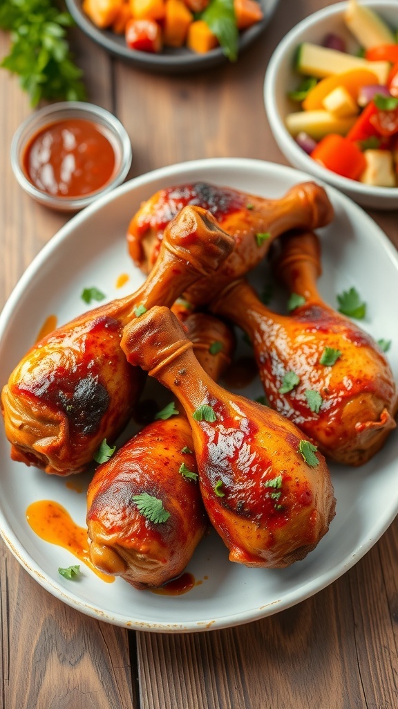 Spicy Baked Chicken Drumsticks Recipe Crispy baked chicken drumsticks on a plate with dipping sauce and a side salad.